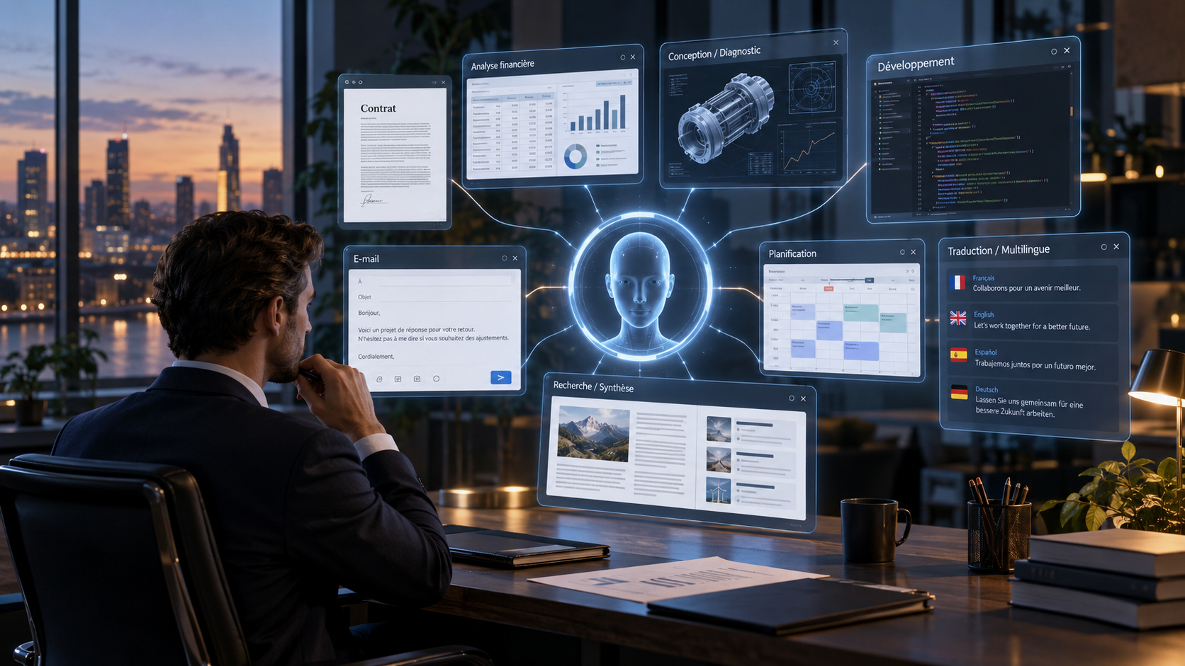Illustration de l’AGI comme intelligence artificielle capable de gérer plusieurs tâches professionnelles : contrat, analyse de données, programmation, planification, traduction et recherche.