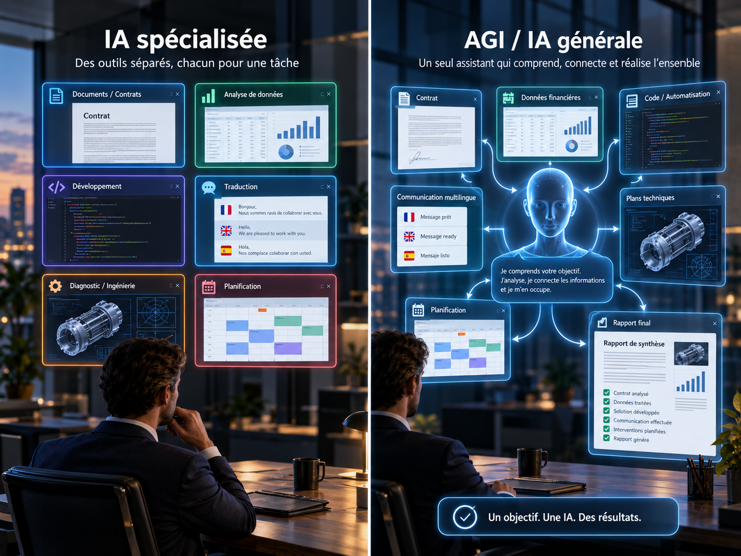 Comparaison entre plusieurs intelligences artificielles spécialisées séparées et une intelligence artificielle générale capable de relier plusieurs domaines et tâches.
