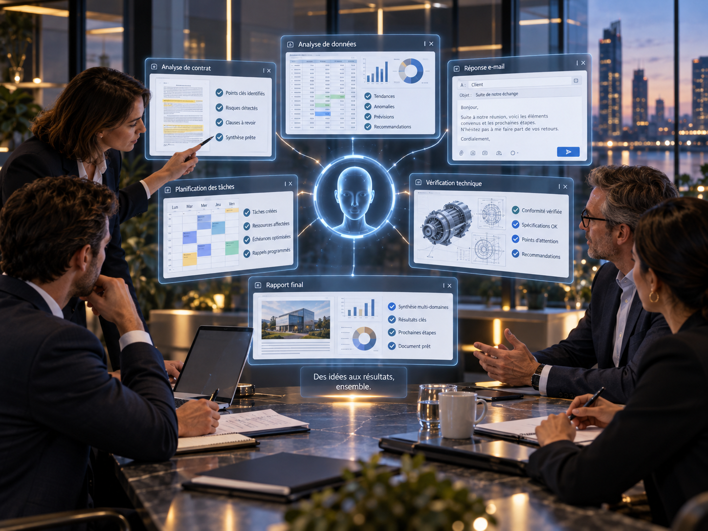 Équipe professionnelle supervisant une intelligence artificielle qui analyse un contrat, des données, un planning et un dossier technique tout en préparant un rapport.
