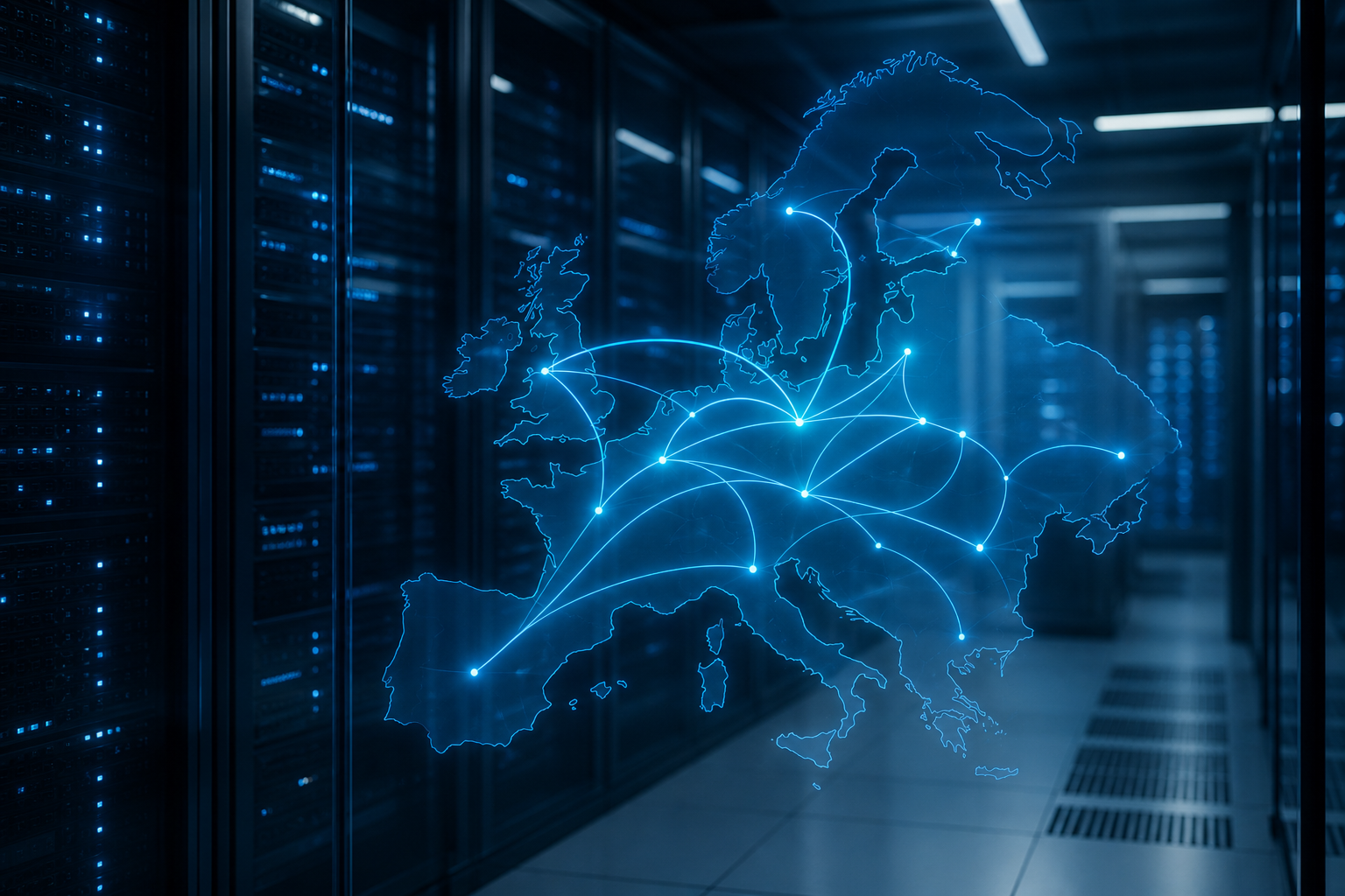 Infrastructure de données européenne illustrant l’hébergement d’une IA