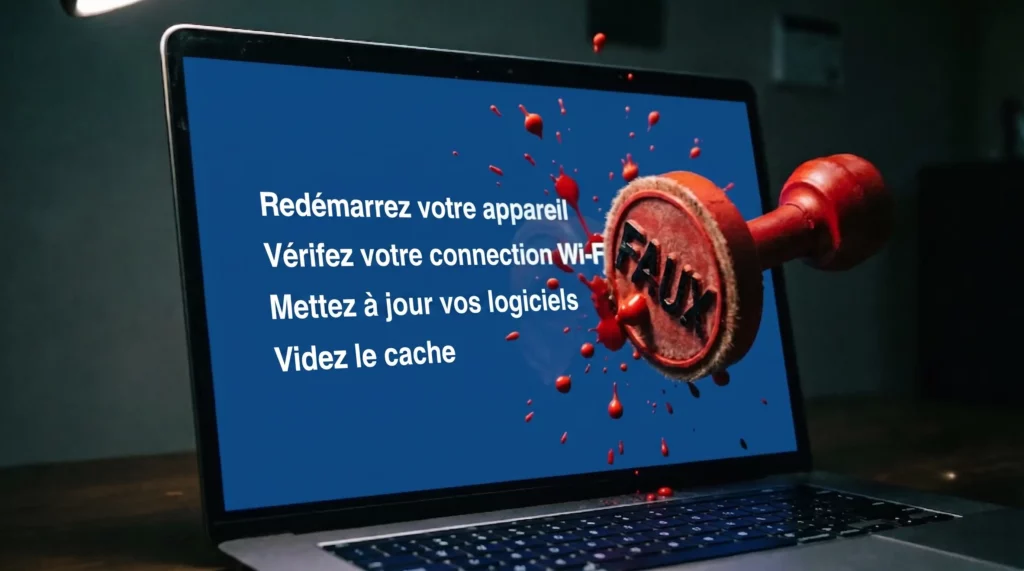 Ordinateur portable affichant des conseils informatiques courants avec un tampon FAUX s'écrasant sur l'écran