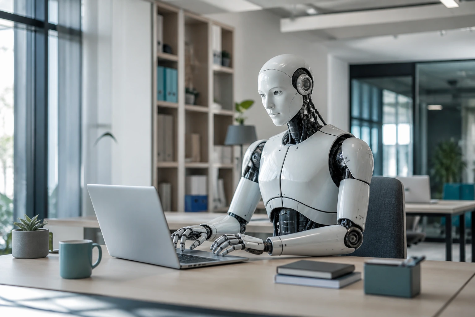 Robot humanoïde dans une usine, lumière cyan, convergence IA et robotique