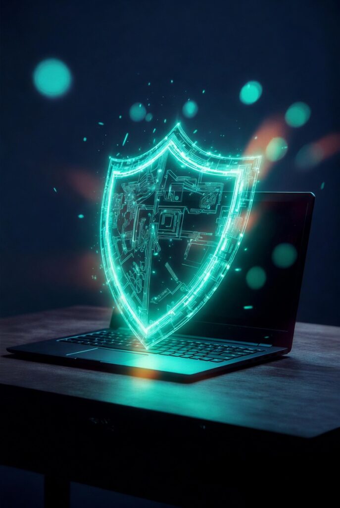 Bouclier numérique holographique sur un ordinateur portable, symbolisant la protection VPN